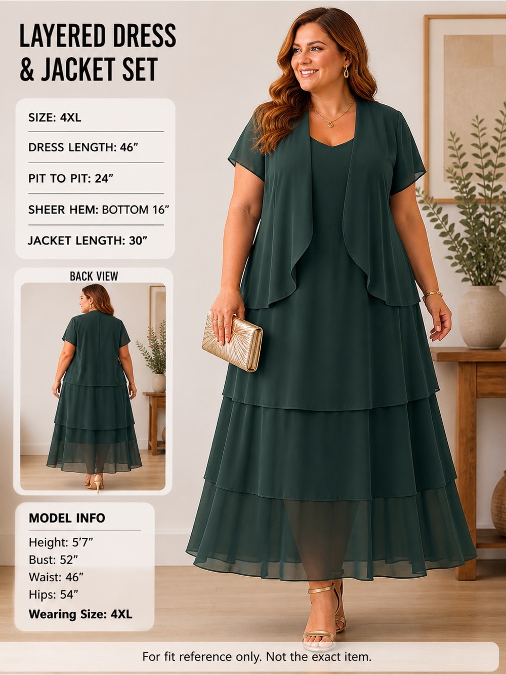 Plus Size 4XL Green Layered Dress w Sheer Hem + Matching Jacket Set
